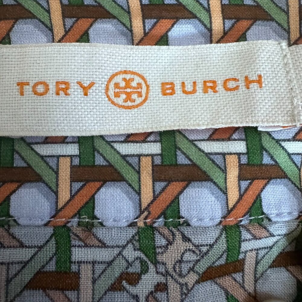 Tory Burch Shell Embellished Cane Weave Pattern Green Tan Resort Caftan - L - Picture 4 of 10